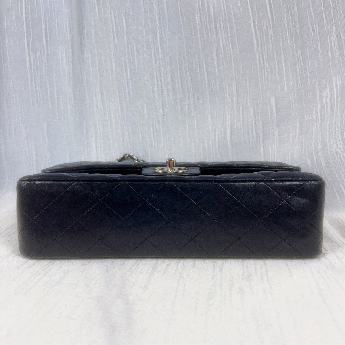 98% NEW - CHANEL Classic Flap Black Lambskin with Silver Hardware Medium Size 25 x 7 x 16 cm