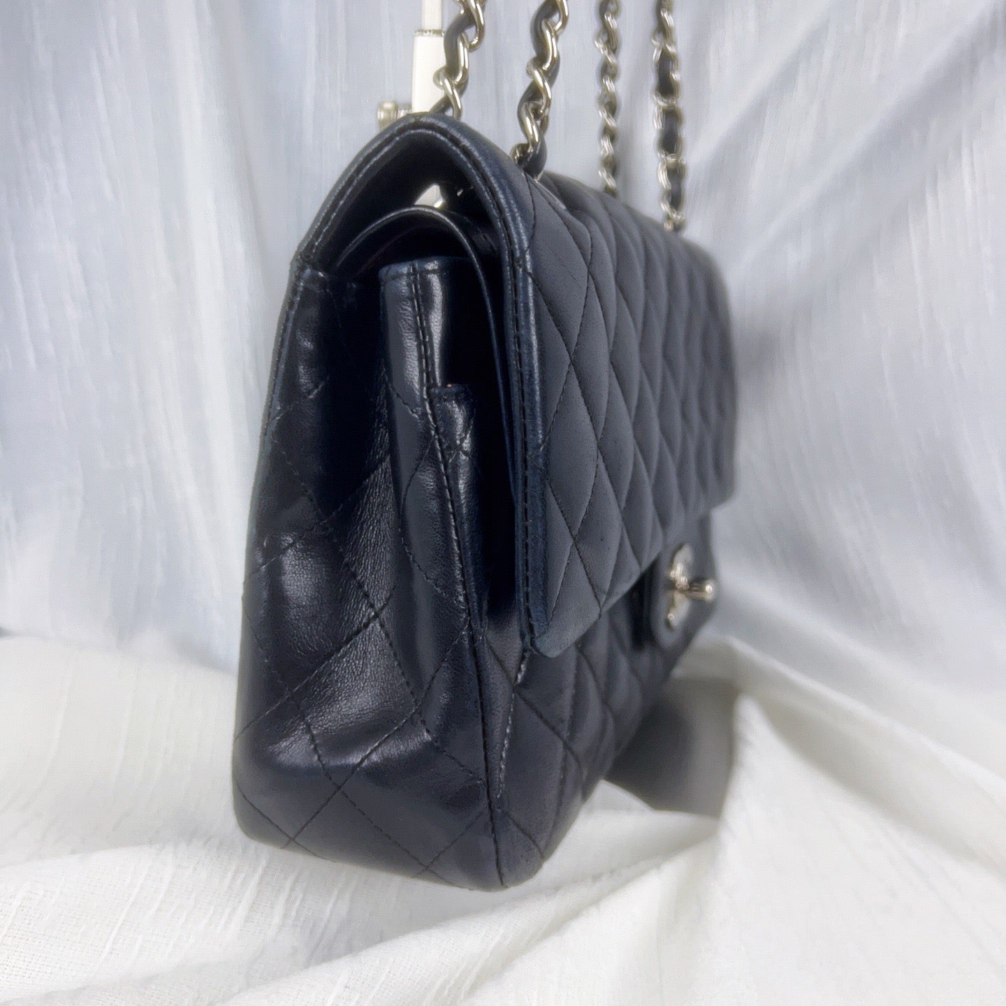 98% NEW - CHANEL Classic Flap Black Lambskin with Silver Hardware Medium Size 25 x 7 x 16 cm