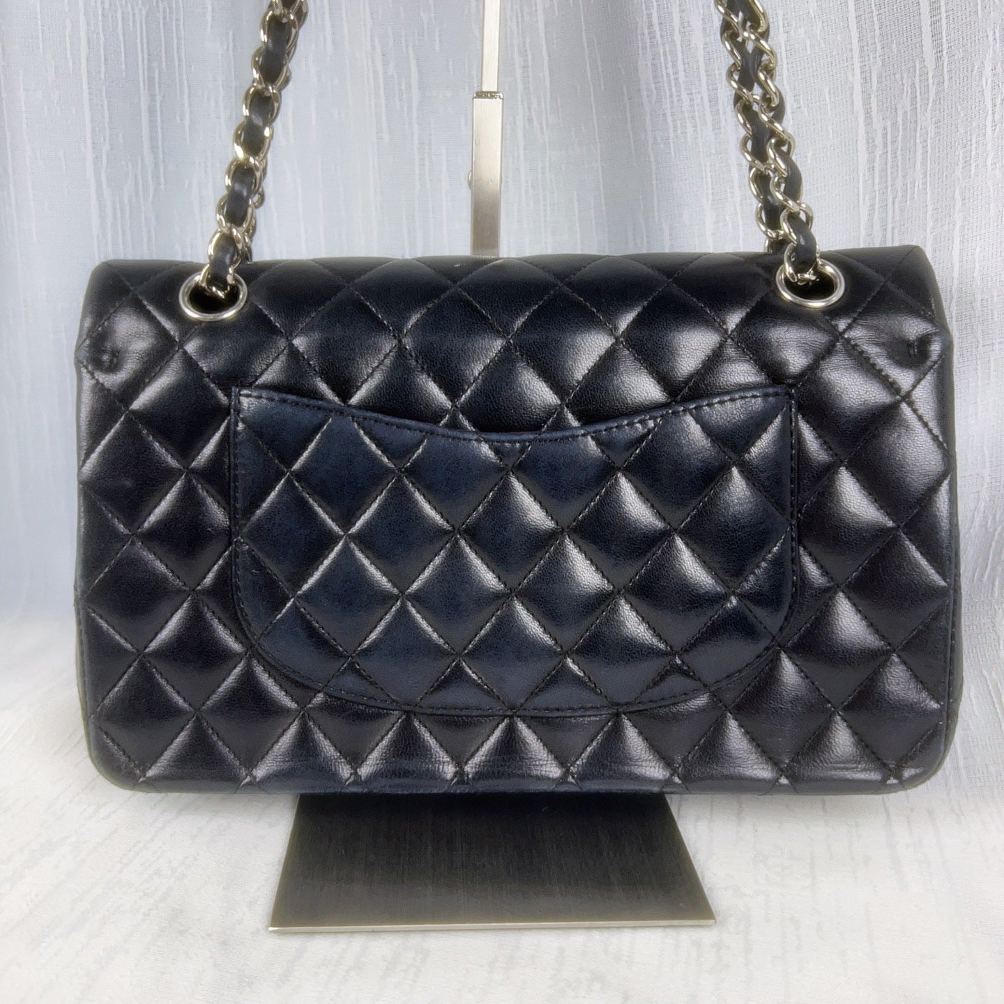 98% NEW - CHANEL Classic Flap Black Lambskin with Silver Hardware Medium Size 25 x 7 x 16 cm