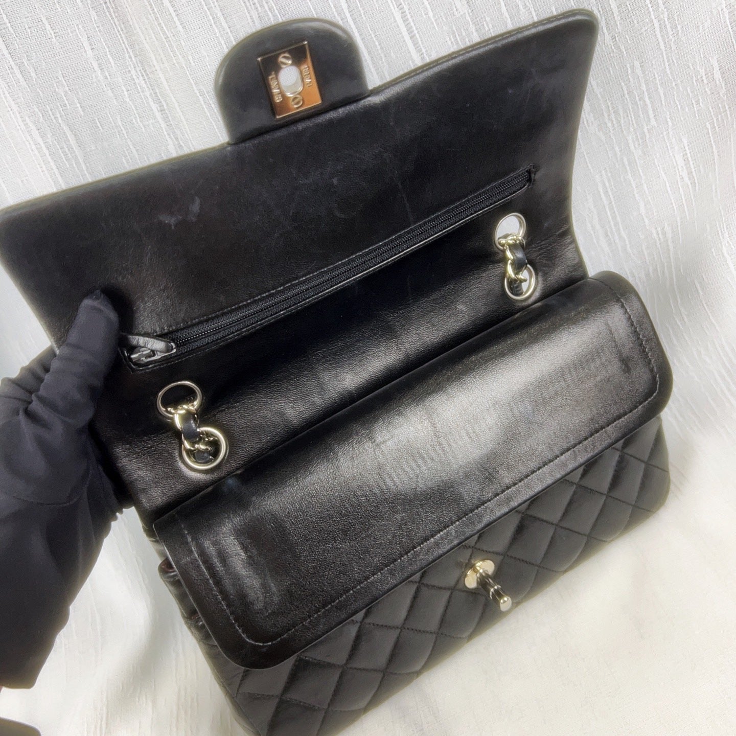 98% NEW - CHANEL Classic Flap Black Lambskin with Silver Hardware Medium Size 25 x 7 x 16 cm