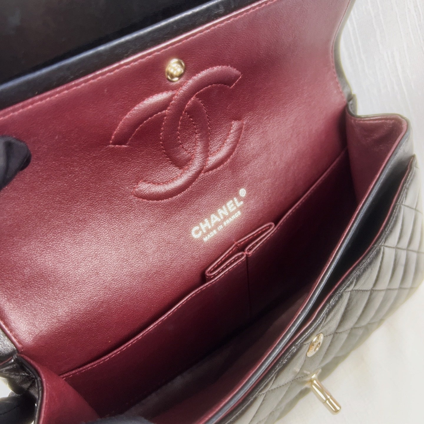 98% NEW - CHANEL Classic Flap Black Lambskin with Silver Hardware Medium Size 25 x 7 x 16 cm