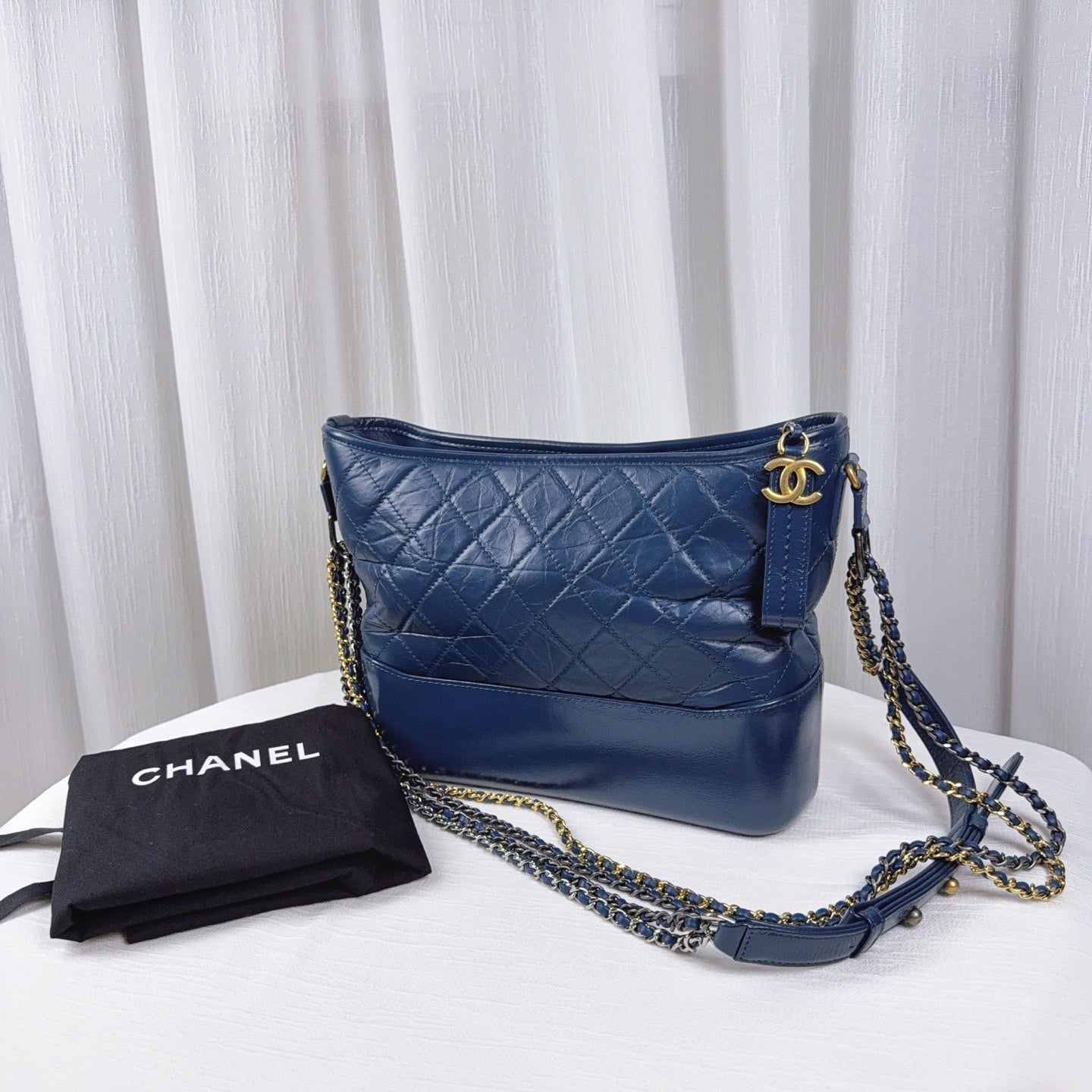 98% NEW - CHANEL Medium Gabrielle Black Calfskin Hobo Bag with Gold & Silver Hardware 28 x 10 x 23 cm