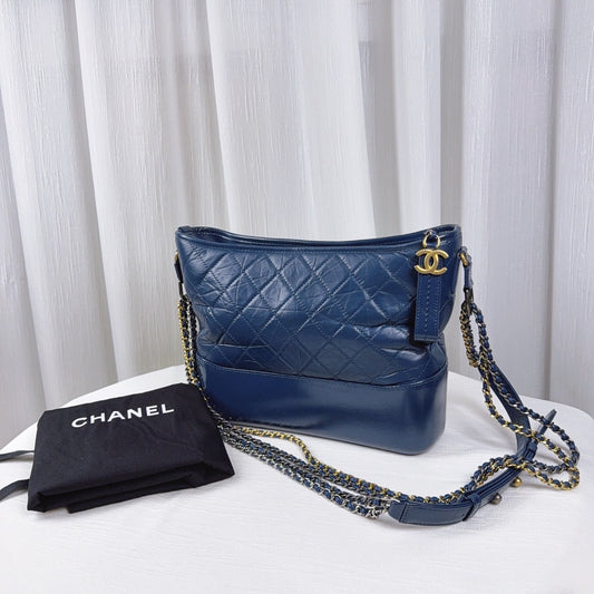98% NEW - CHANEL Medium Gabrielle Black Calfskin Hobo Bag with Gold & Silver Hardware 28 x 10 x 23 cm