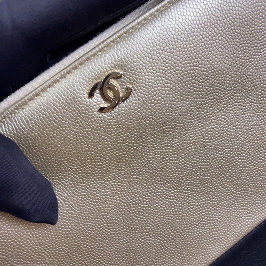 90% NEW - CHANEL Beige & Black Lambskin Clutch with Gold Hardware 34 x 2 x 24 cm