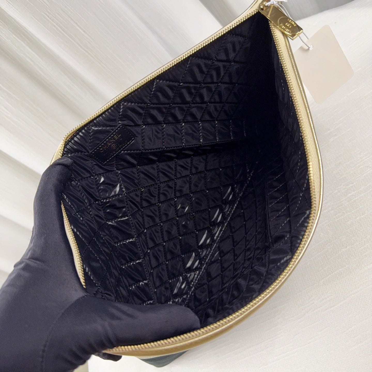 90% NEW - CHANEL Beige & Black Lambskin Clutch with Gold Hardware 34 x 2 x 24 cm