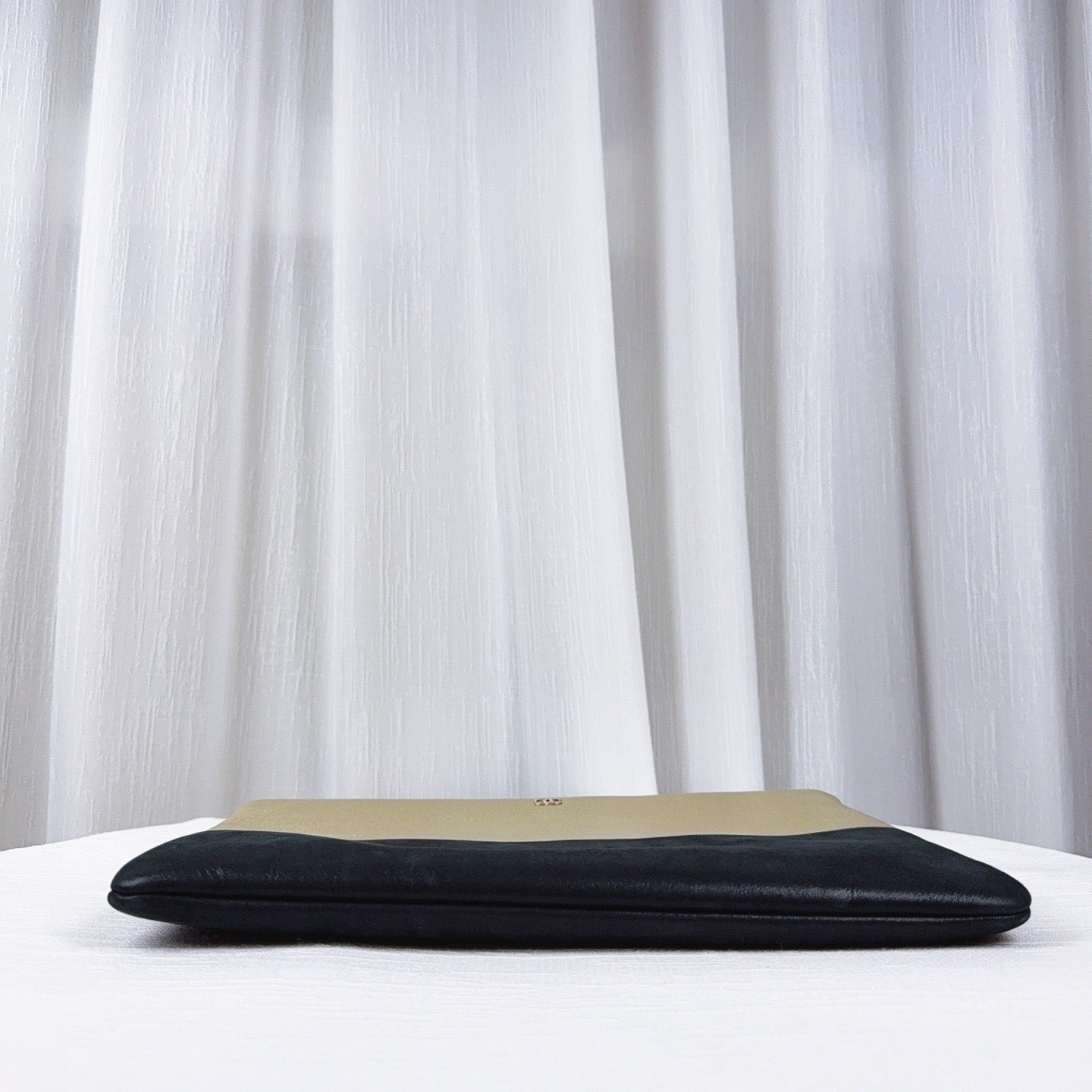 90% NEW - CHANEL Beige & Black Lambskin Clutch with Gold Hardware 34 x 2 x 24 cm