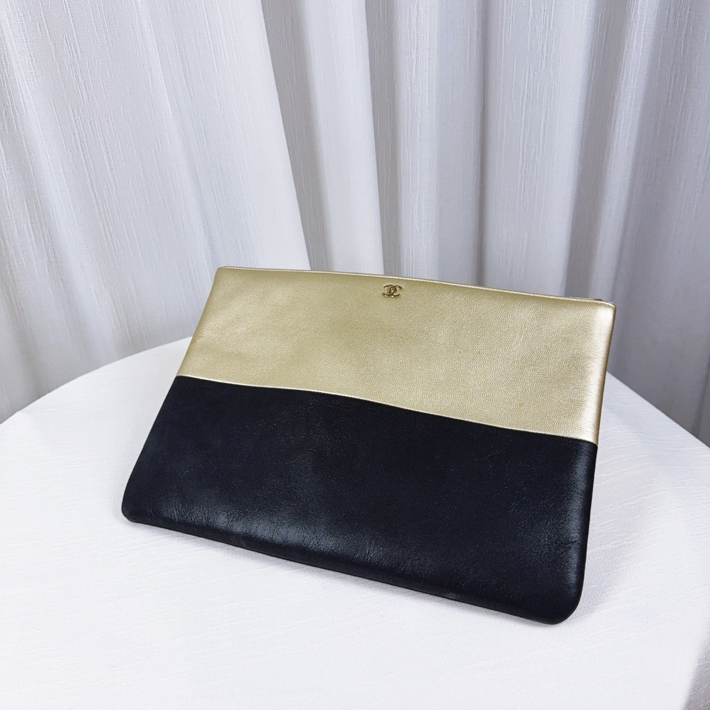 90% NEW - CHANEL Beige & Black Lambskin Clutch with Gold Hardware 34 x 2 x 24 cm