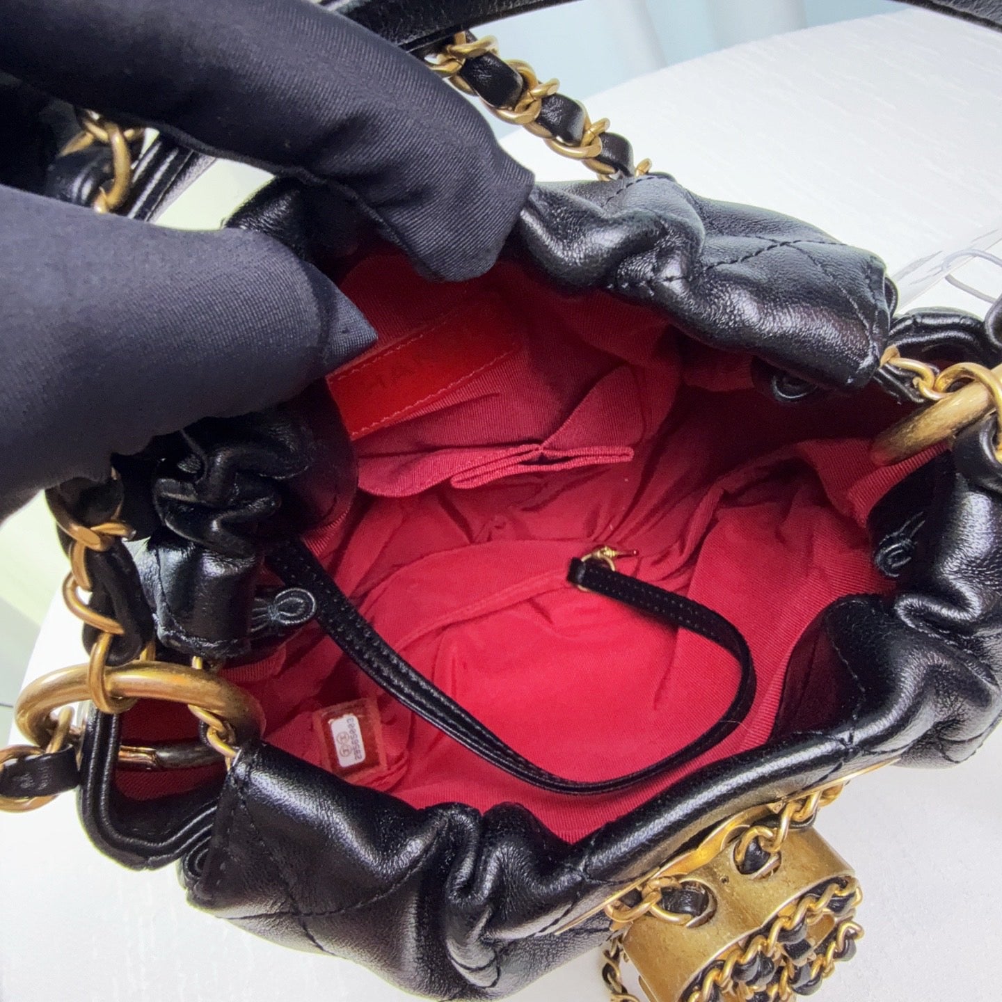 98% NEW - CHANEL Black Lambskin Drawstring Hippie Bucket Bag with Gold Hardware 20 x 6 x 20 cm