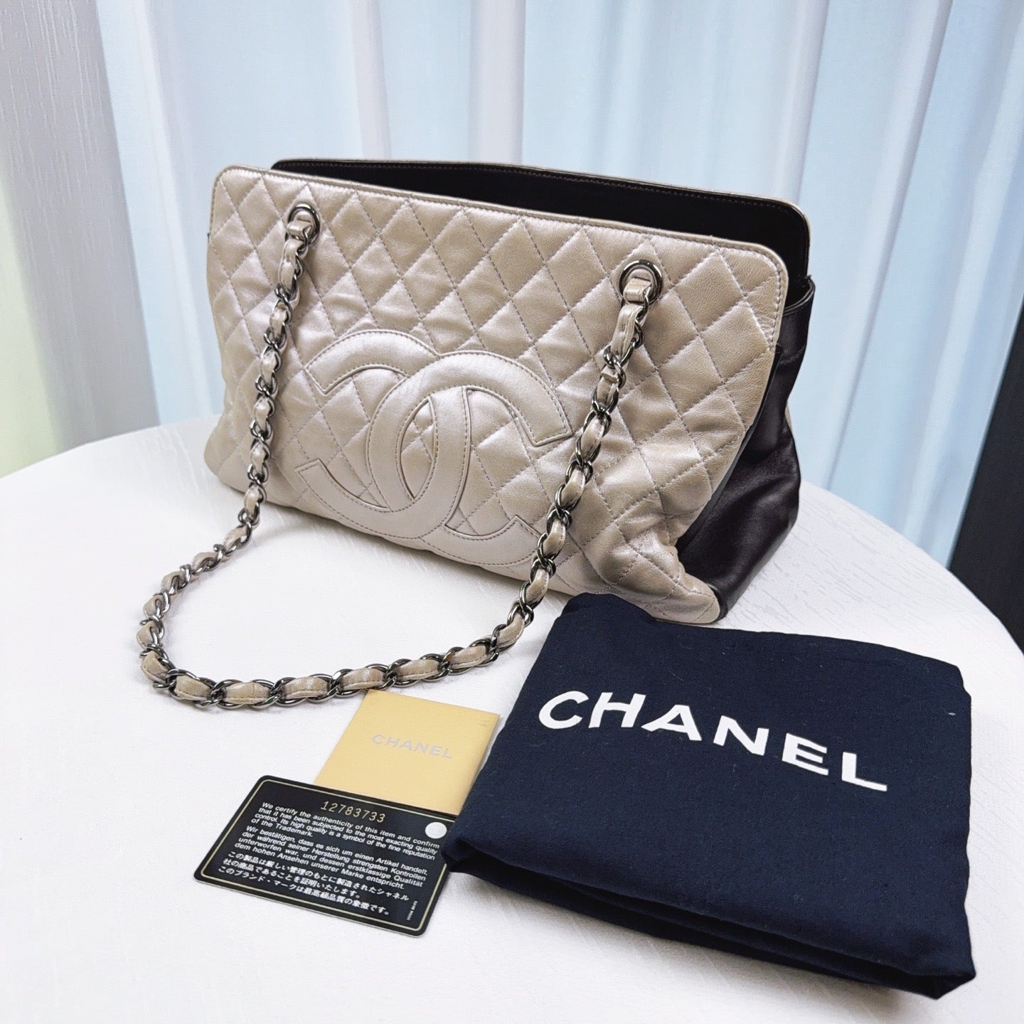 97% NEW - CHANEL GST Medium Black & White Caviar Leather Tote with Silver Hardware 32 x 10 x 20 cm
