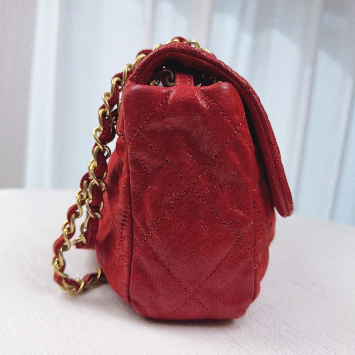 98% NEW - CHANEL Classic Flap Vintage Red Calfskin with Distressed Gold Hardware 32 x 6 x 19 cm