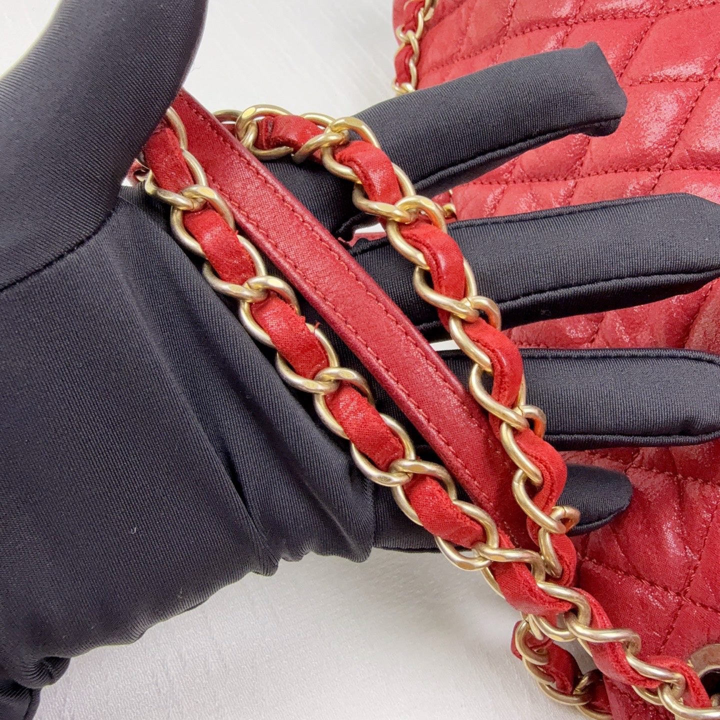 98% NEW - CHANEL Classic Flap Vintage Red Calfskin with Distressed Gold Hardware 32 x 6 x 19 cm