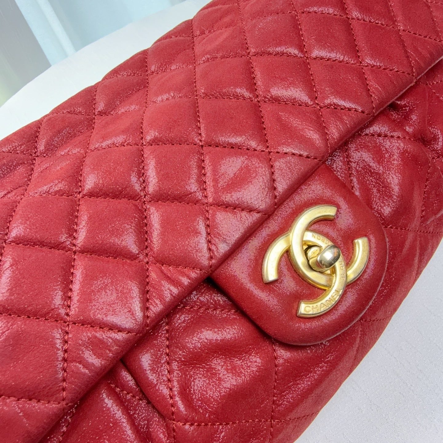 98% NEW - CHANEL Classic Flap Vintage Red Calfskin with Distressed Gold Hardware 32 x 6 x 19 cm