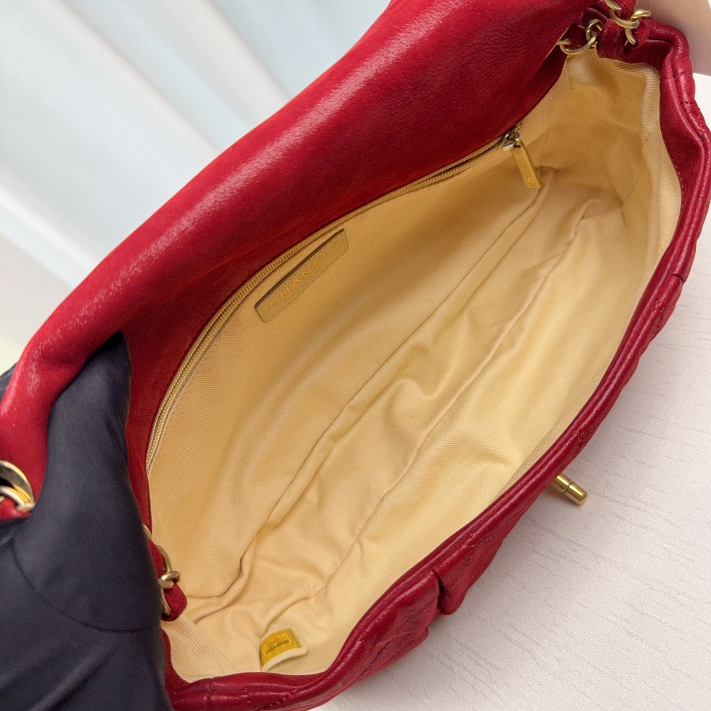 98% NEW - CHANEL Classic Flap Vintage Red Calfskin with Distressed Gold Hardware 32 x 6 x 19 cm