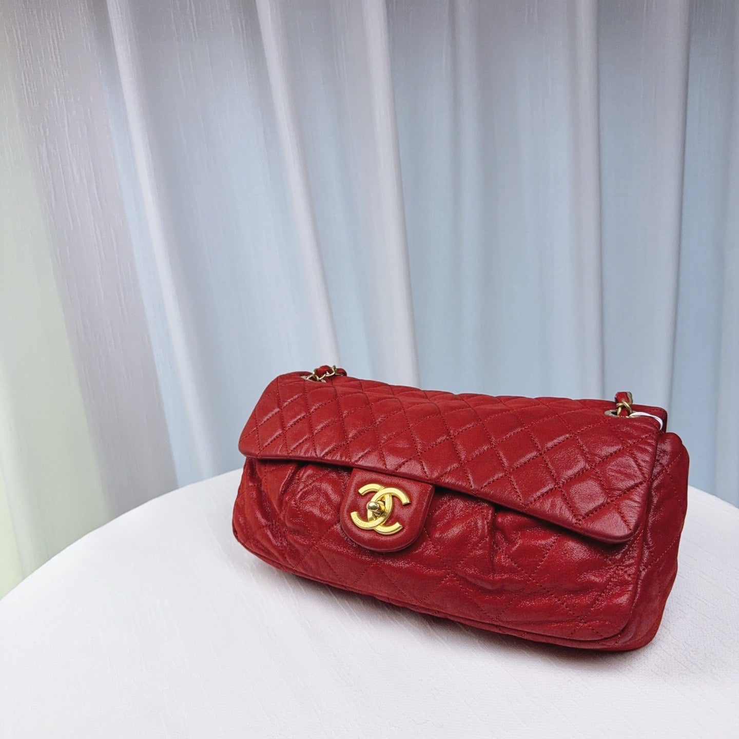98% NEW - CHANEL Classic Flap Vintage Red Calfskin with Distressed Gold Hardware 32 x 6 x 19 cm