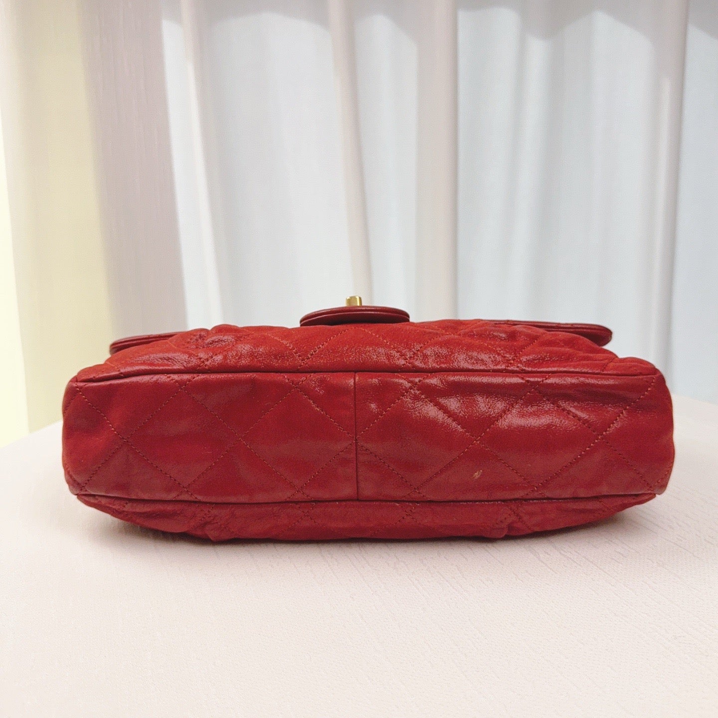 98% NEW - CHANEL Classic Flap Vintage Red Calfskin with Distressed Gold Hardware 32 x 6 x 19 cm