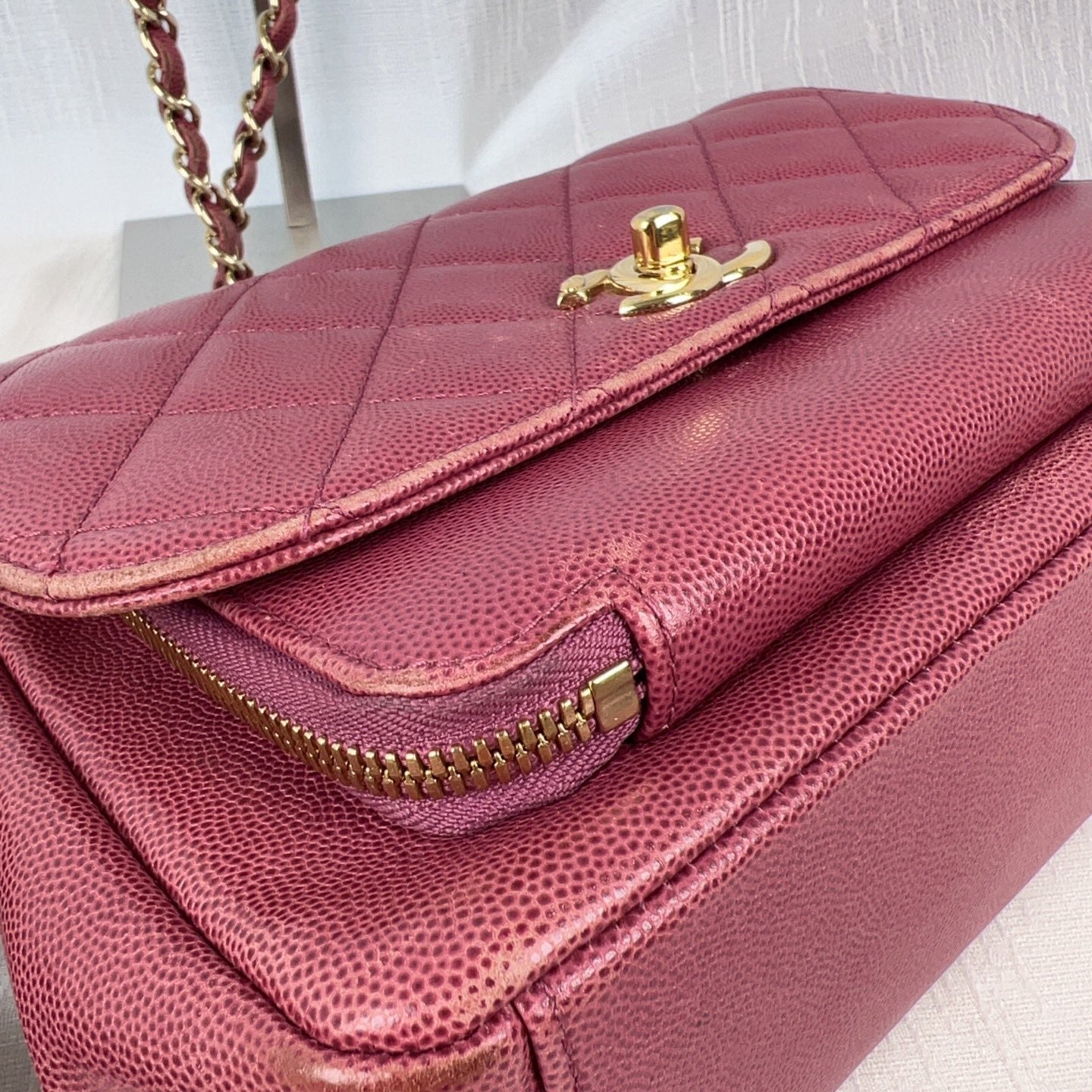 85% NEW - CHANEL Affinity Postman Bag in Rose Beige Caviar Leather with Gold Hardware 22×9×17cm