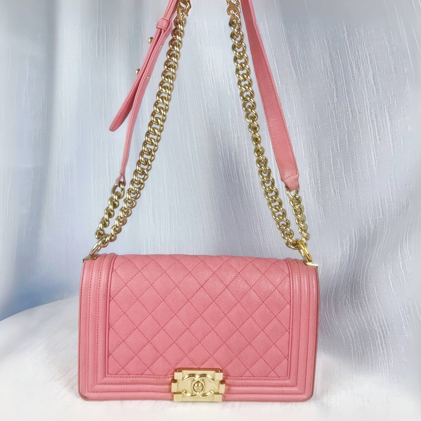 98% NEW - CHANEL Le Boy Medium Pink Caviar Leather with Gold Hardware Shoulder Bag