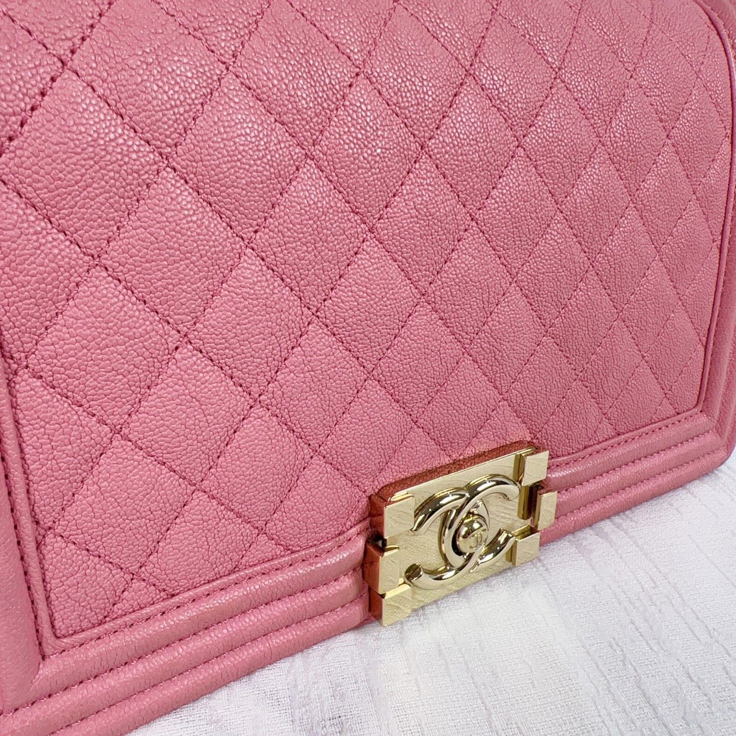 98% NEW - CHANEL Le Boy Medium Pink Caviar Leather with Gold Hardware Shoulder Bag