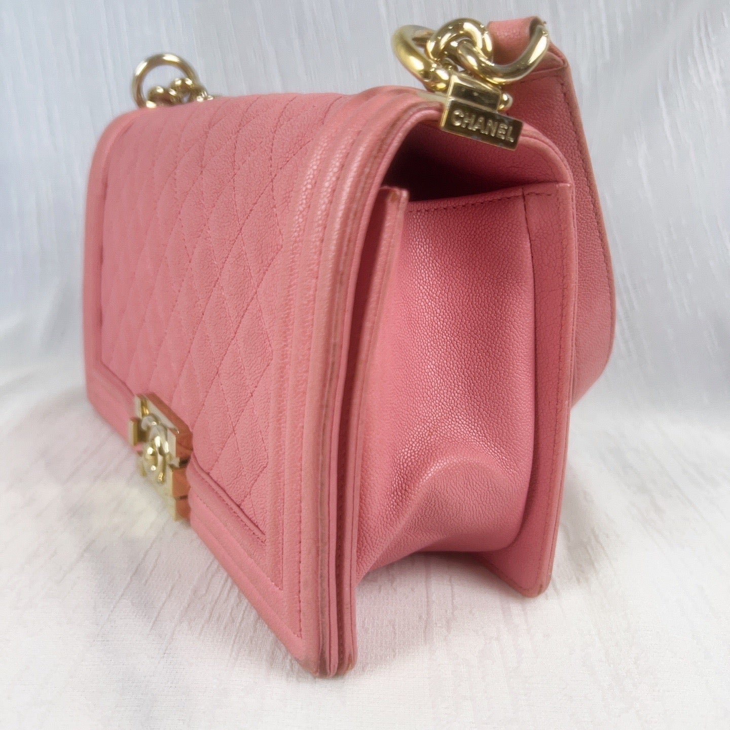 98% NEW - CHANEL Le Boy Medium Pink Caviar Leather with Gold Hardware Shoulder Bag