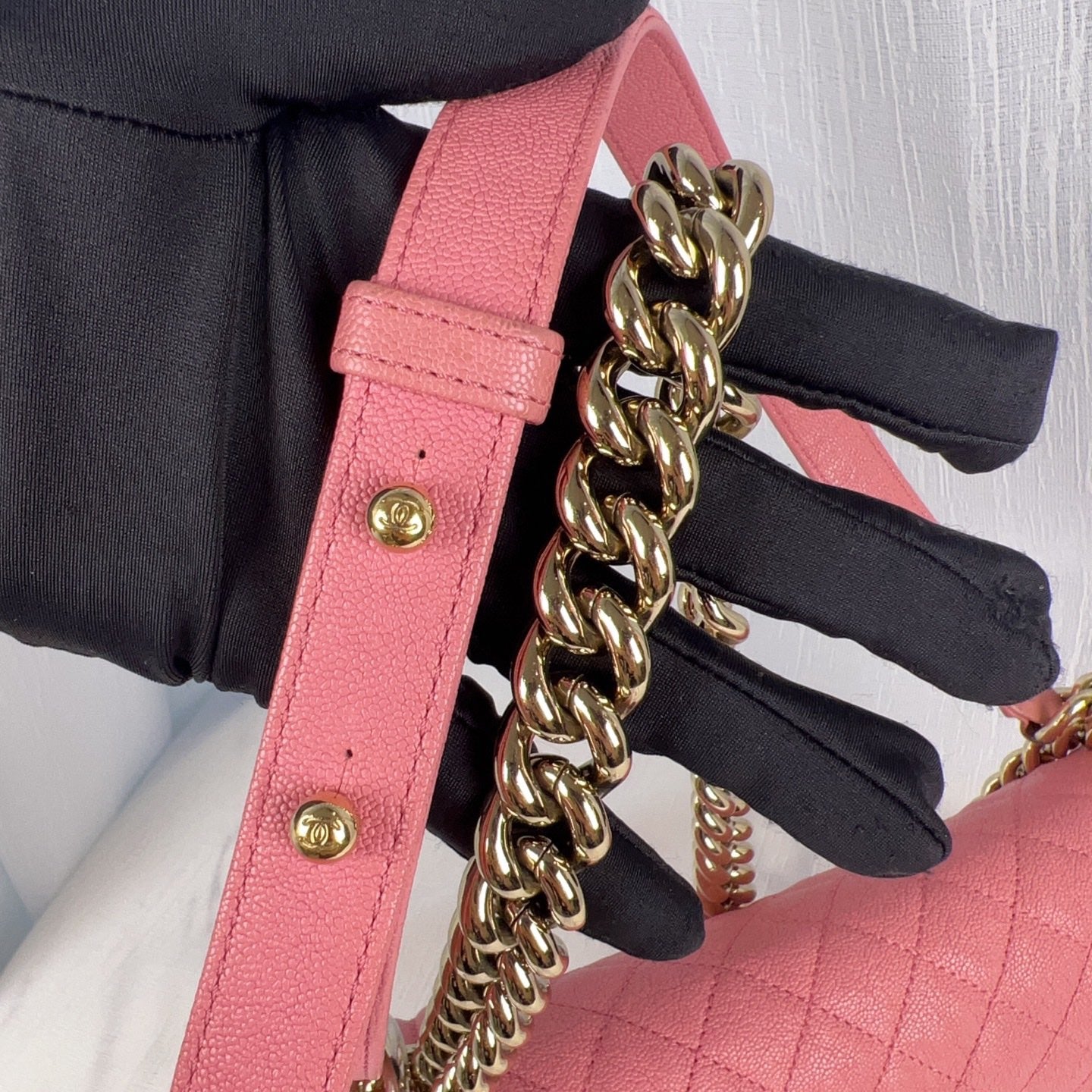 98% NEW - CHANEL Le Boy Medium Pink Caviar Leather with Gold Hardware Shoulder Bag