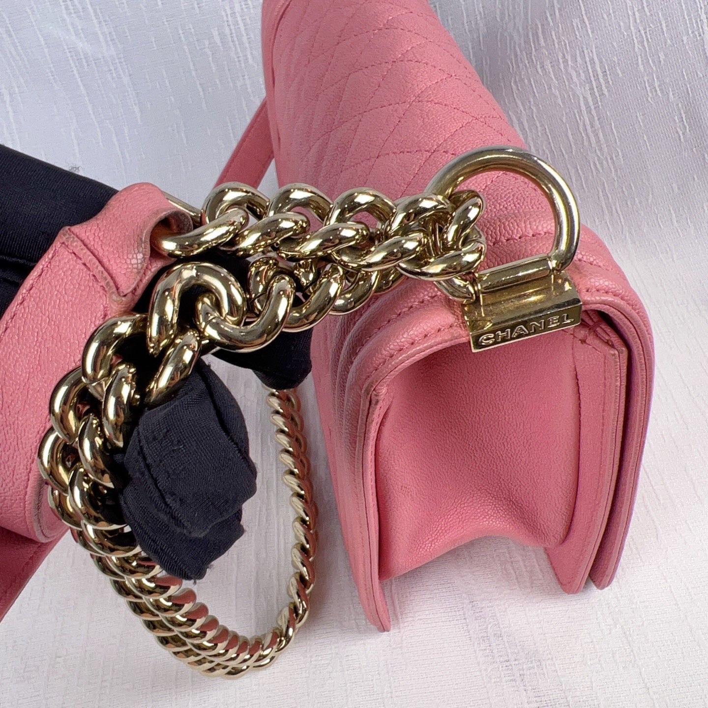 98% NEW - CHANEL Le Boy Medium Pink Caviar Leather with Gold Hardware Shoulder Bag