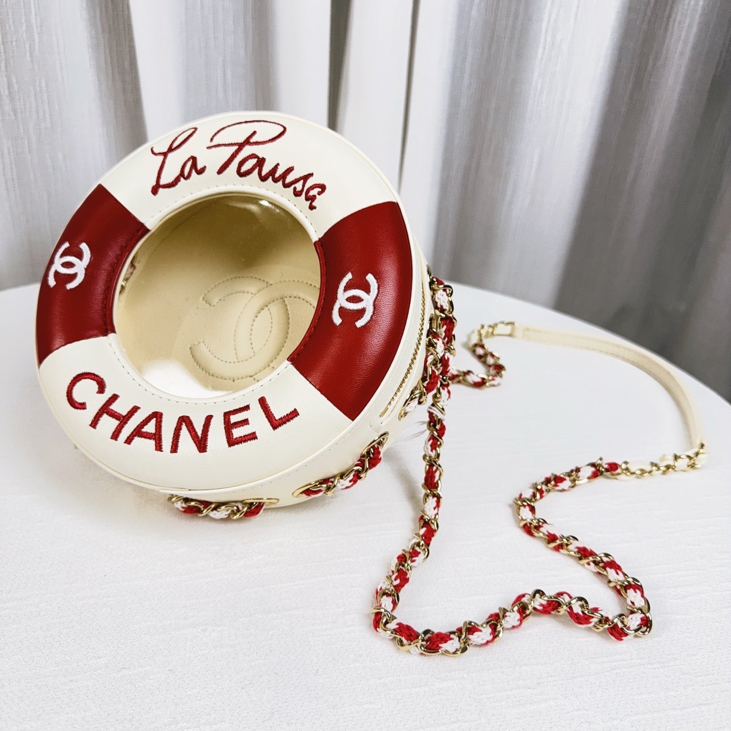 98% NEW - CHANEL Runway Red & White Embroidered PVC Lifebuoy Round Bag with Chain Strap 18 x 6 x 18 cm