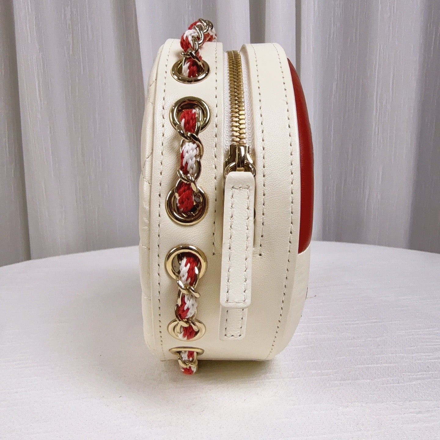 98% NEW - CHANEL Runway Red & White Embroidered PVC Lifebuoy Round Bag with Chain Strap 18 x 6 x 18 cm