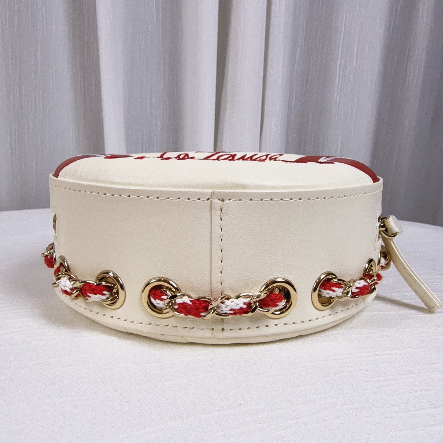 98% NEW - CHANEL Runway Red & White Embroidered PVC Lifebuoy Round Bag with Chain Strap 18 x 6 x 18 cm