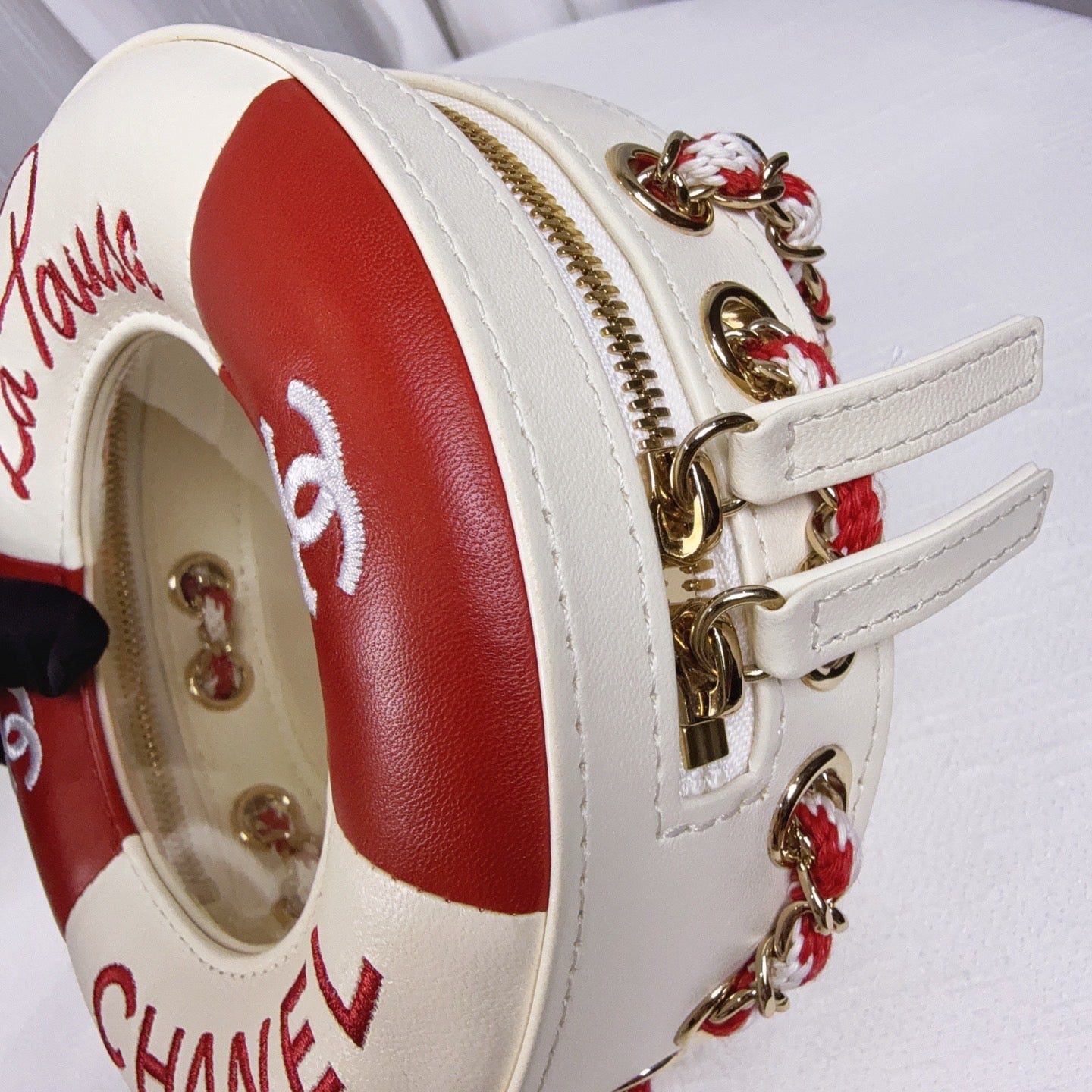 98% NEW - CHANEL Runway Red & White Embroidered PVC Lifebuoy Round Bag with Chain Strap 18 x 6 x 18 cm