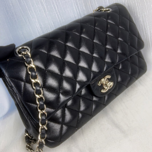 98% NEW - CHANEL Classic Flap Black Lambskin with Silver Hardware Medium Size 25 x 7 x 16 cm