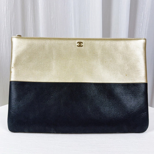 90% NEW - CHANEL Beige & Black Lambskin Clutch with Gold Hardware 34 x 2 x 24 cm