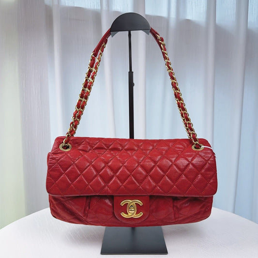 98% NEW - CHANEL Classic Flap Vintage Red Calfskin with Distressed Gold Hardware 32 x 6 x 19 cm