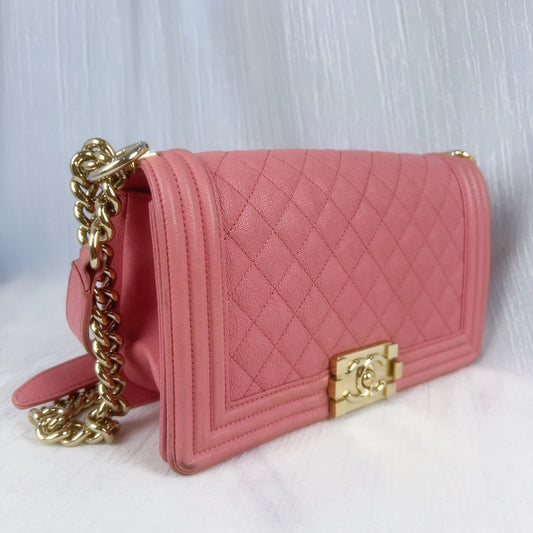 98% NEW - CHANEL Le Boy Medium Pink Caviar Leather with Gold Hardware Shoulder Bag