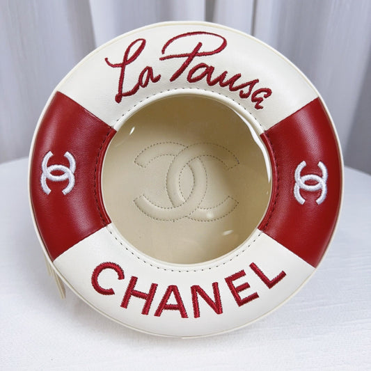 98% NEW - CHANEL Runway Red &amp; White Embroidered PVC Lifebuoy Round Bag with Chain Strap 18 x 6 x 18 cm
